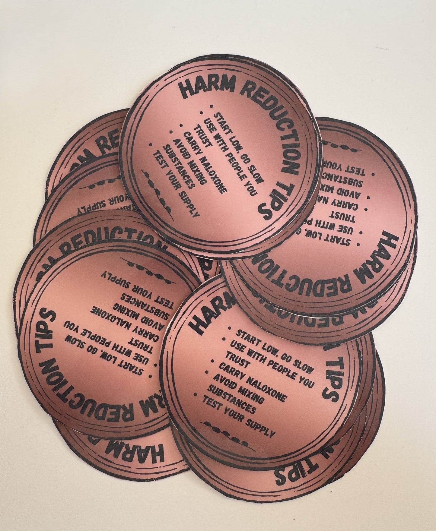 Harm Reduction Tips - Sticker or Magnet (Pink/Coral Circle)