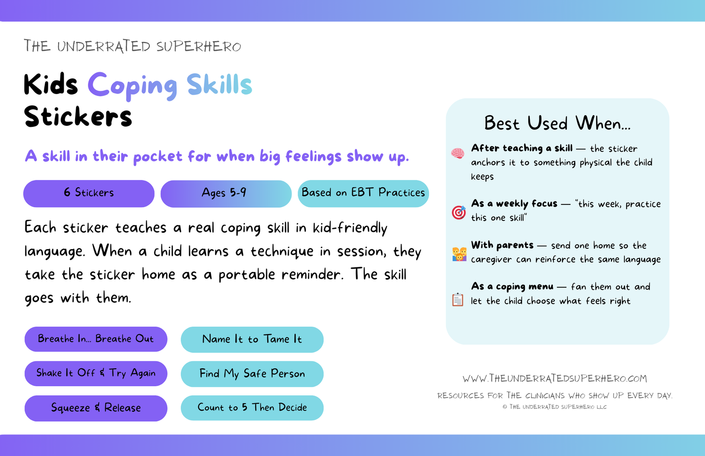 Kids Coping Skills Stickers — 6-Sticker Sheet | Ages 5–9 | EBT-Based