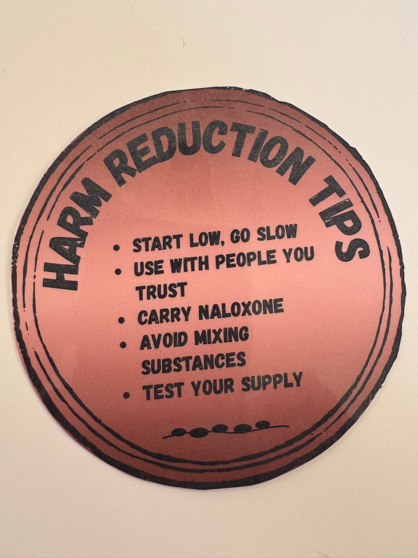 Harm Reduction Tips - Sticker or Magnet (Pink/Coral Circle)