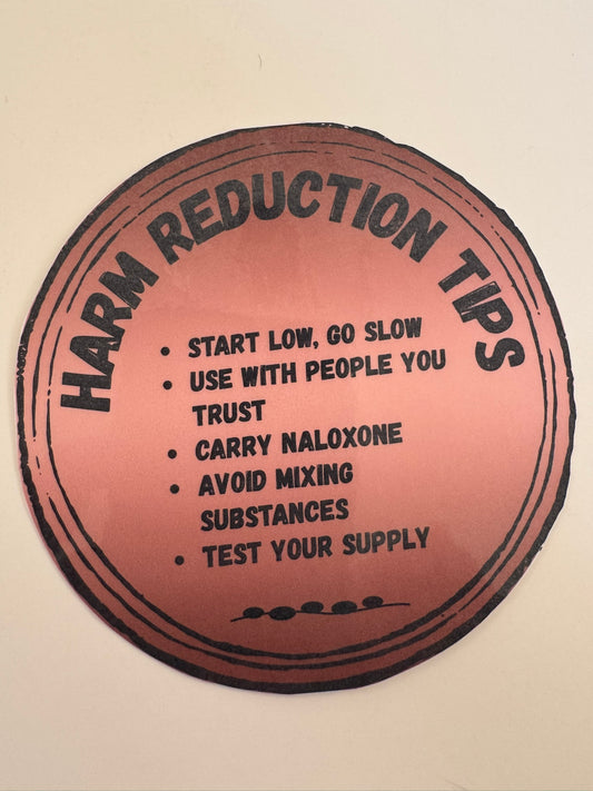 Harm Reduction Tips - Sticker or Magnet (Pink/Coral Circle)