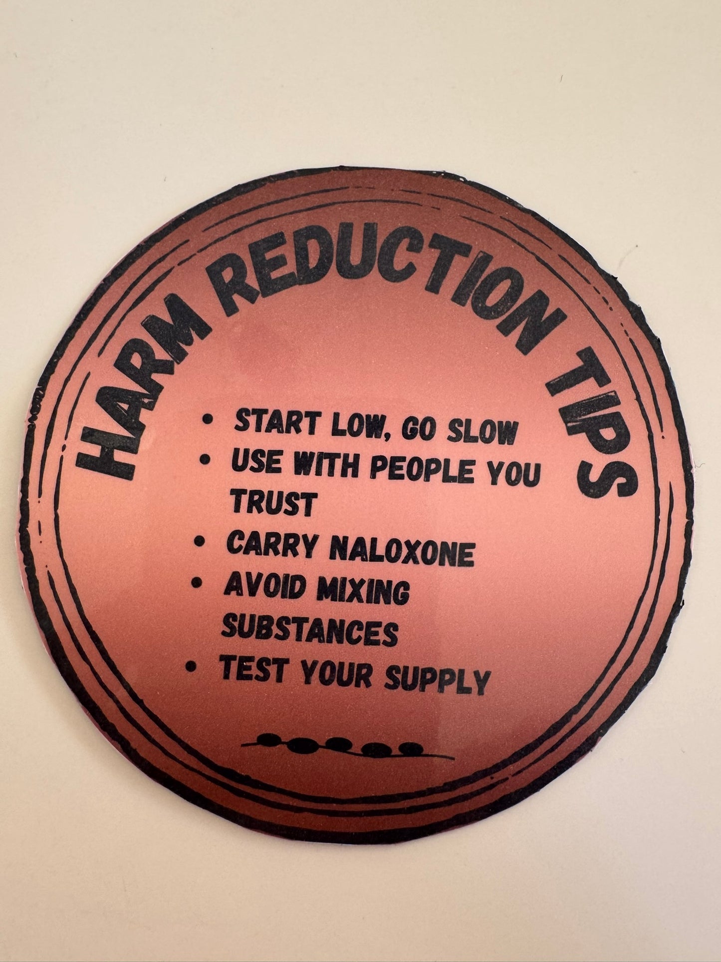 Harm Reduction Tips - Sticker or Magnet (Pink/Coral Circle)