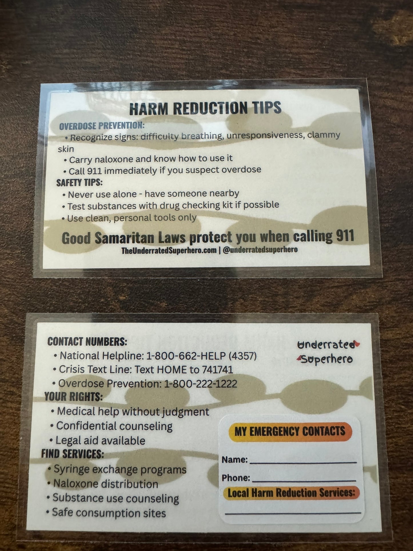Harm Reduction Wallet Card | Laminated Reference Card with Customizable Emergency Contacts