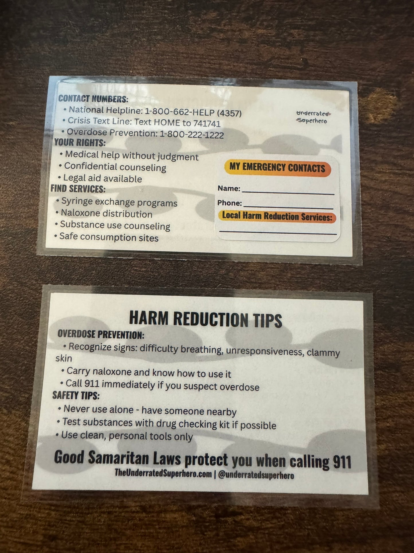 Harm Reduction Wallet Card | Laminated Reference Card with Customizable Emergency Contacts