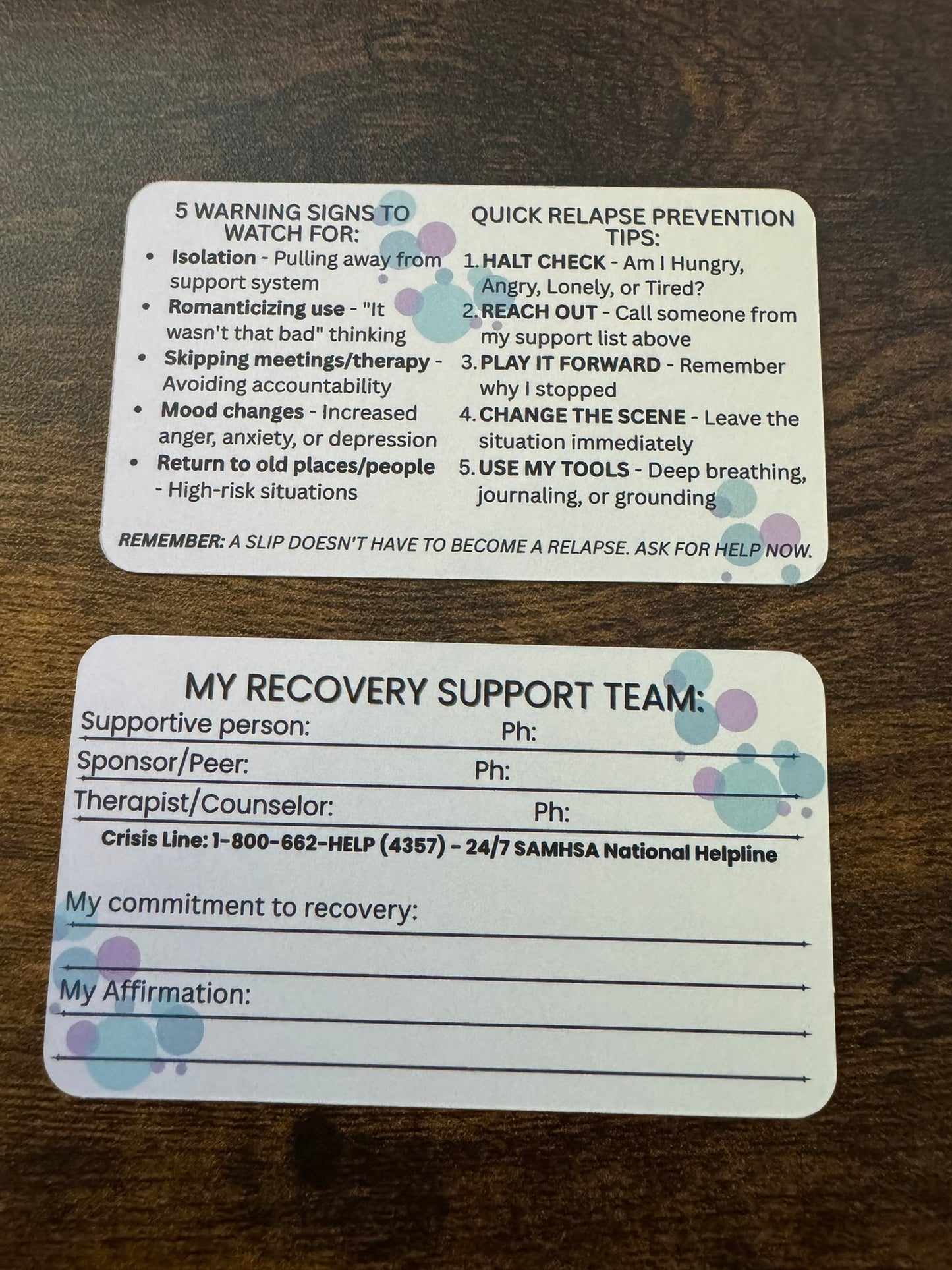 Relapse Prevention Wallet Card | Recovery Support Reference Card with Fill-In Sections