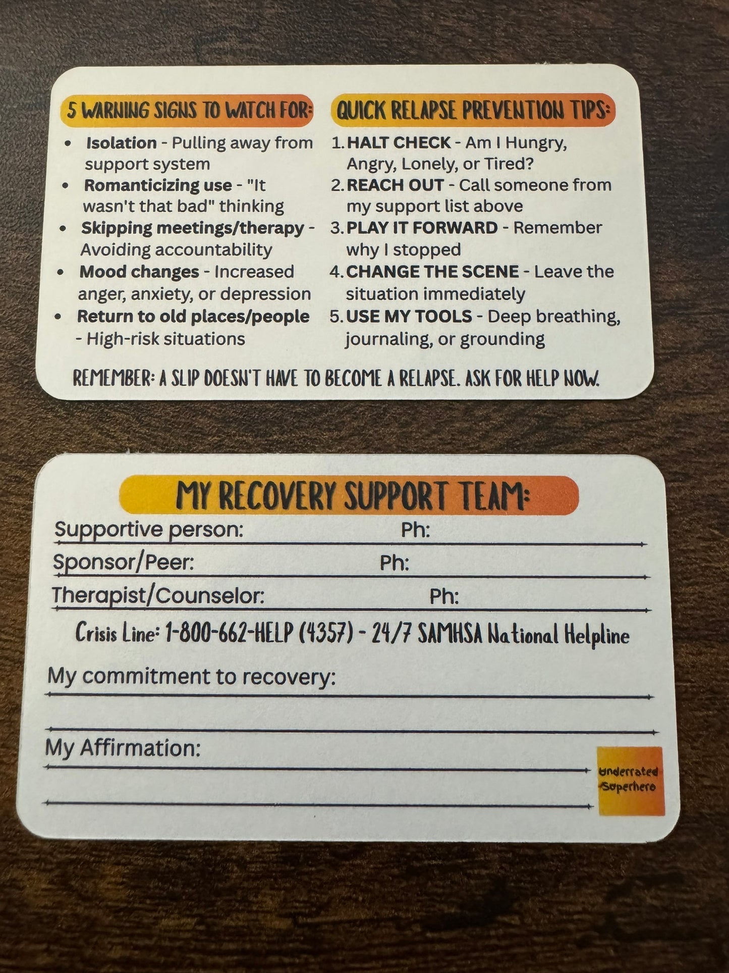 Relapse Prevention Wallet Card | Recovery Support Reference Card with Fill-In Sections