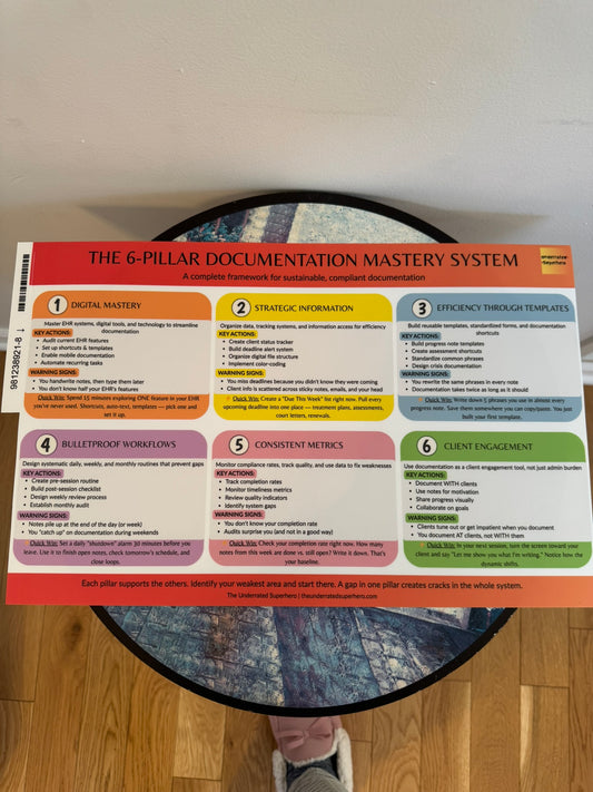 The 6-Pillar Documentation Mastery System Poster · A Wall Reference for Sustainable Clinical Practice